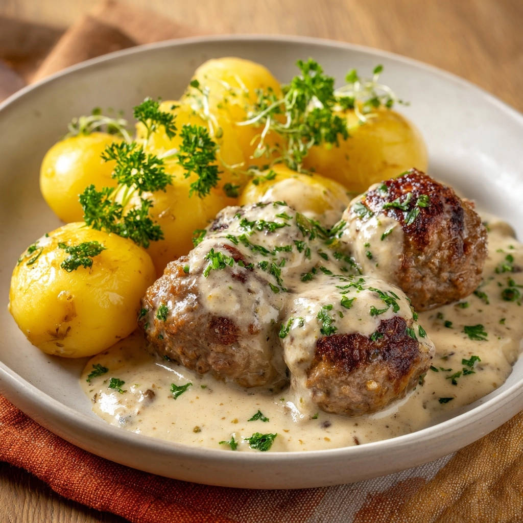 Cremige Hackballchen Mit Petersilienkartoffeln Serviert 1 Cremige Hackbällchen mit Petersilienkartoffeln serviert in einer cremigen Soße, garniert mit frischer Petersilie und serviert mit goldgelben Kartoffeln.