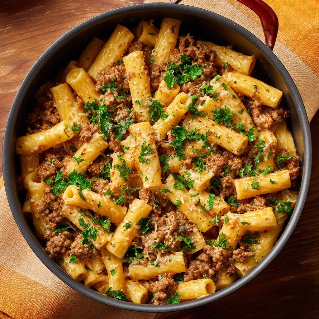 Cremige Hackfleisch-Pasta aus der Pfanne, serviert in einer Pfanne als Draufsicht, garniert mit frischer Petersilie. Dieses Gericht ist schnell zubereitet und perfekt sämig.
