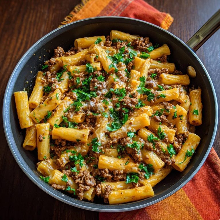 Cremige Hackfleisch-Pasta aus der Pfanne, von oben gesehen, mit frisch gehackter Petersilie garniert, serviert in einer Pfanne.