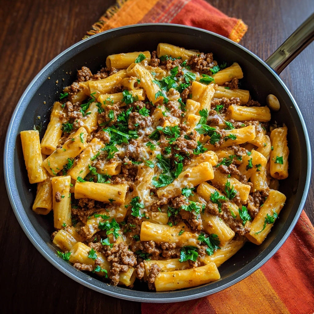 Cremige Hackfleisch-Pasta aus der Pfanne, von oben gesehen, mit frisch gehackter Petersilie garniert, serviert in einer Pfanne.