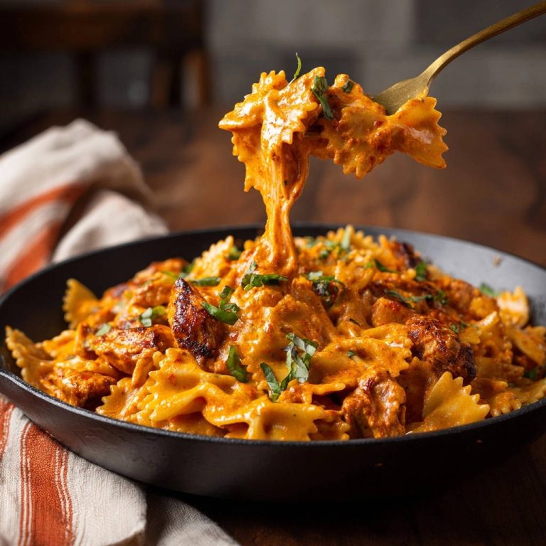 Cremige Hähnchen-Farfalle auf einer Gabel, die mit cremiger Sauce bedeckt sind, die sich auf dem Teller befindet. Ein köstliches Nudelgericht mit Hähnchen.