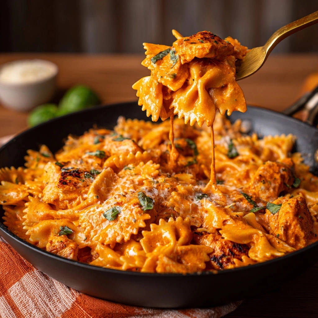 Cremige Hahnchen Farfalle Auf Gabel Gehoben 1 Cremige Hähnchen-Farfalle auf einer goldenen Gabel, die köstliche Sauce und Nudeln in Nahaufnahme zeigt. Das Gericht ist frisch zubereitet mit Kräutern garniert.