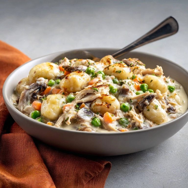 Cremige Hähnchen-Pilz-Gnocchi-Pfanne in Nahaufnahme, serviert in einer grauen Schüssel mit Löffel, angerichtet auf einem braunen Tuch.