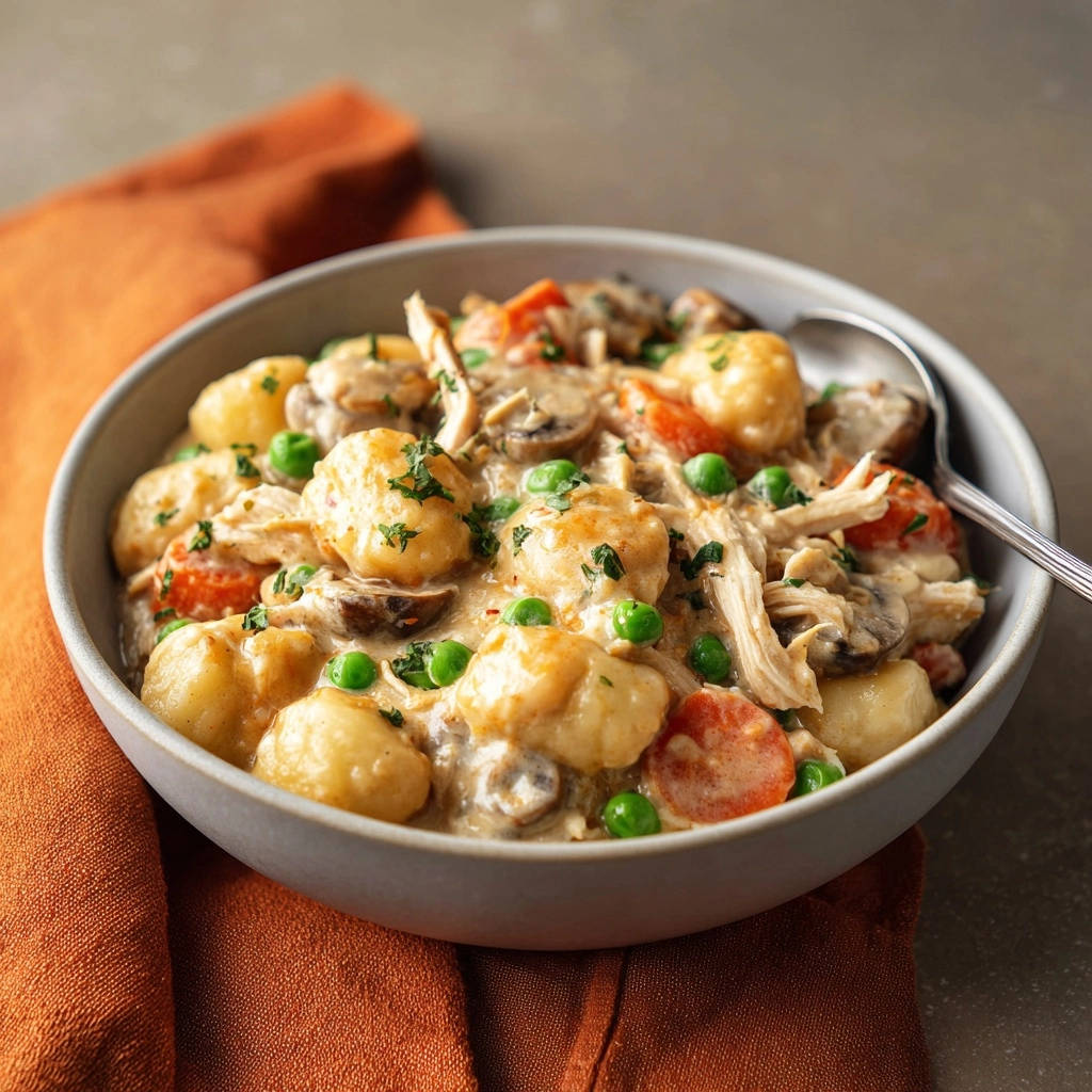 Cremige Hahnchen Pilz Gnocchi Pfanne Serviert 1 Cremige Hähnchen-Pilz-Gnocchi-Pfanne serviert in einer Schüssel, garniert mit frischer Petersilie und Erbsen. Ein herzhaftes Gericht, perfekt für kühle Abende.