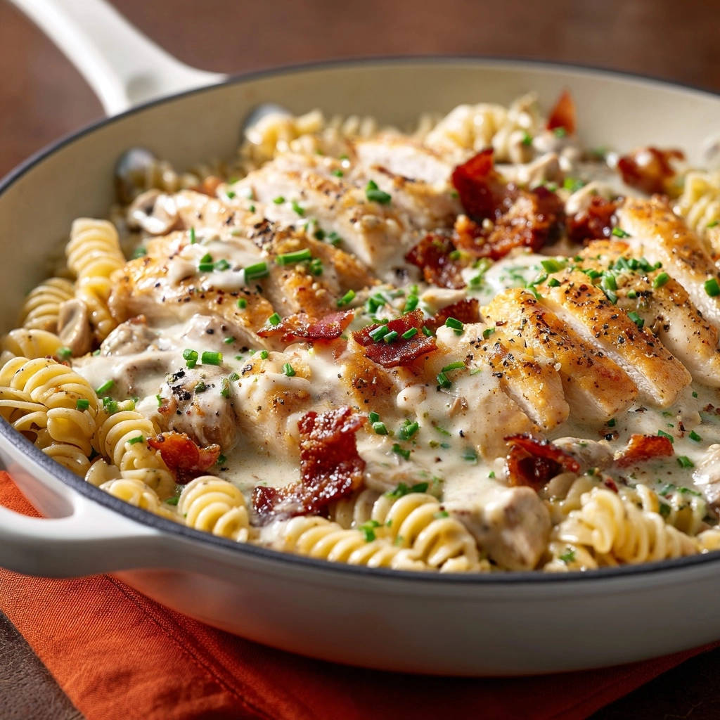 Cremige Hähnchen-Pilz-Pasta aus der Pfanne in der Draufsicht, serviert in einer weißen Pfanne, mit goldbraunem Hähnchen und knusprigem Speck.