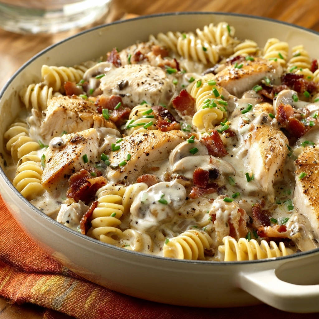 Cremige Hähnchen-Pilz-Pasta aus der Pfanne in einer cremigen Soße, draufsicht. Das Gericht ist mit Hähnchen, Pilzen und Speck zubereitet.