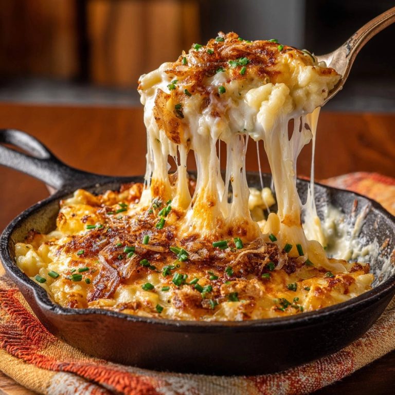 Cremige Ofen-Spätzle mit knusprigen Röstzwiebeln, die den Käse in langen Strängen zeigt, die beim Herausheben aus der Pfanne entstehen.