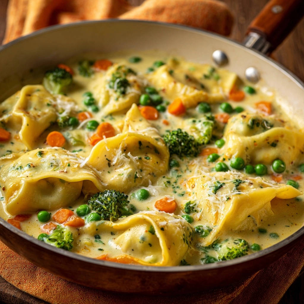 Cremige One Pan Tortellini Fruehlingsgemuese Draufsicht 1 Cremige One-Pan-Tortellini mit Frühlingsgemüse in der Pfanne, serviert mit Erbsen, Brokkoli und Karotten, aus der Vogelperspektive.