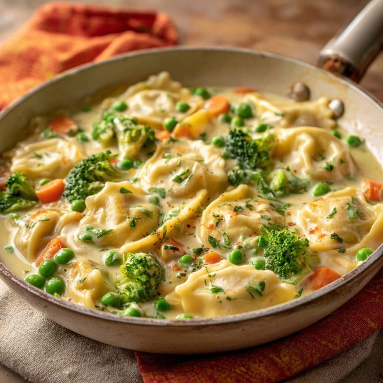 Cremige One-Pan-Tortellini mit Frühlingsgemüse in einer Pfanne, von oben gesehen, serviert mit Erbsen, Brokkoli und Karotten.