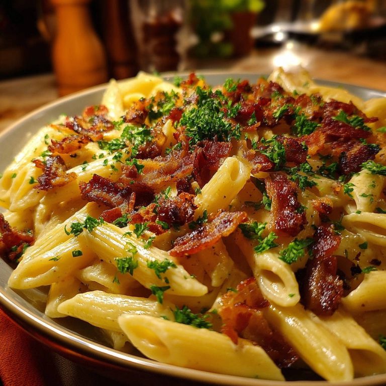 Cremige Penne mit Knusper-Speck in Nahaufnahme, reichlich garniert mit frischer Petersilie und knusprigem Speck, serviert in einer rustikalen Schüssel.