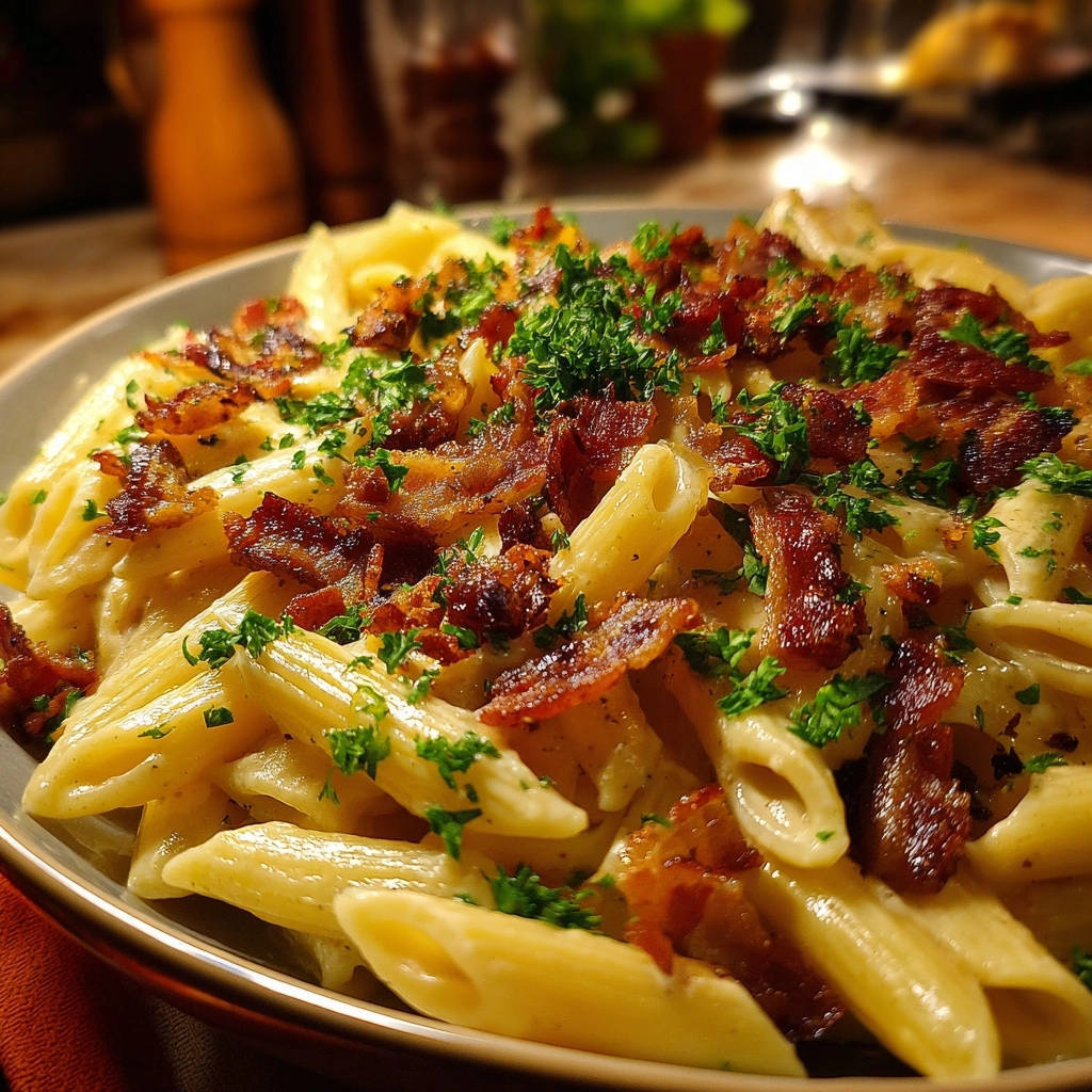 Cremige Penne mit Knusper-Speck in Nahaufnahme, reichlich garniert mit frischer Petersilie und knusprigem Speck, serviert in einer rustikalen Schüssel.