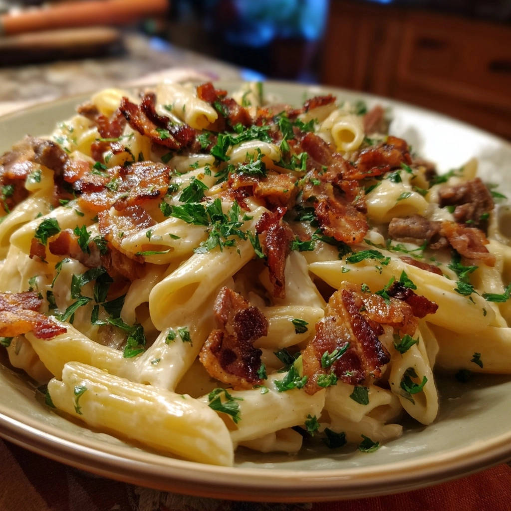 Cremige Penne Mit Knusper Speck Draufsicht Serviert 1 Cremige Penne mit Knusper-Speck, serviert in einer Schüssel, garniert mit frischer Petersilie und knusprigem Speck. Ein köstliches Blitzrezept für Genuss!