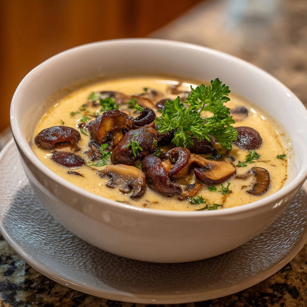 Cremige Pilzpfanne mit Kräutern in Nahaufnahme: Eine cremige Pilzsuppe mit perfekt gebräunten Pilzen, garniert mit frischen Kräutern.