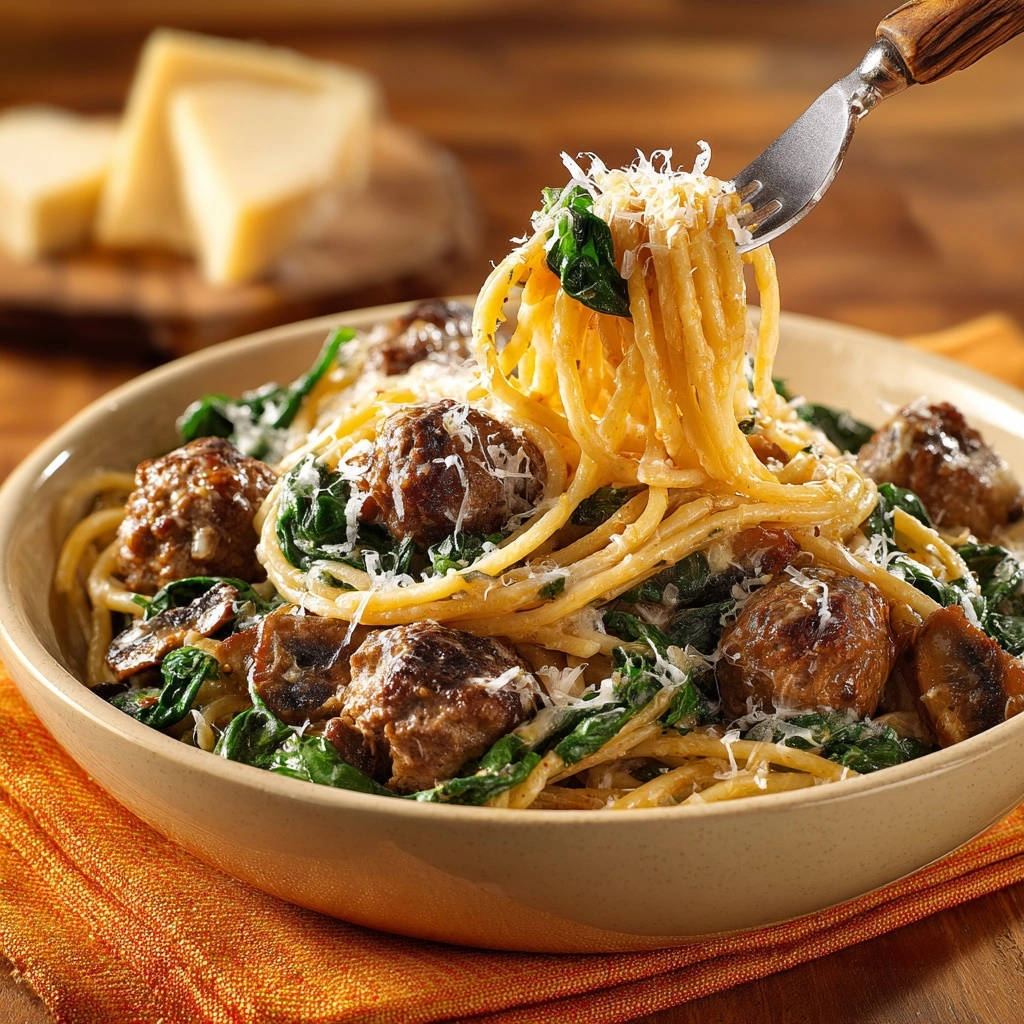 Cremige Spaghetti Mit Fleischbaellchen Gabel Hebt Nudeln 1 Cremige Spaghetti mit herzhaften Fleischbällchen und frischem Spinat werden von einer Gabel gehoben, um die cremige Textur zu zeigen.