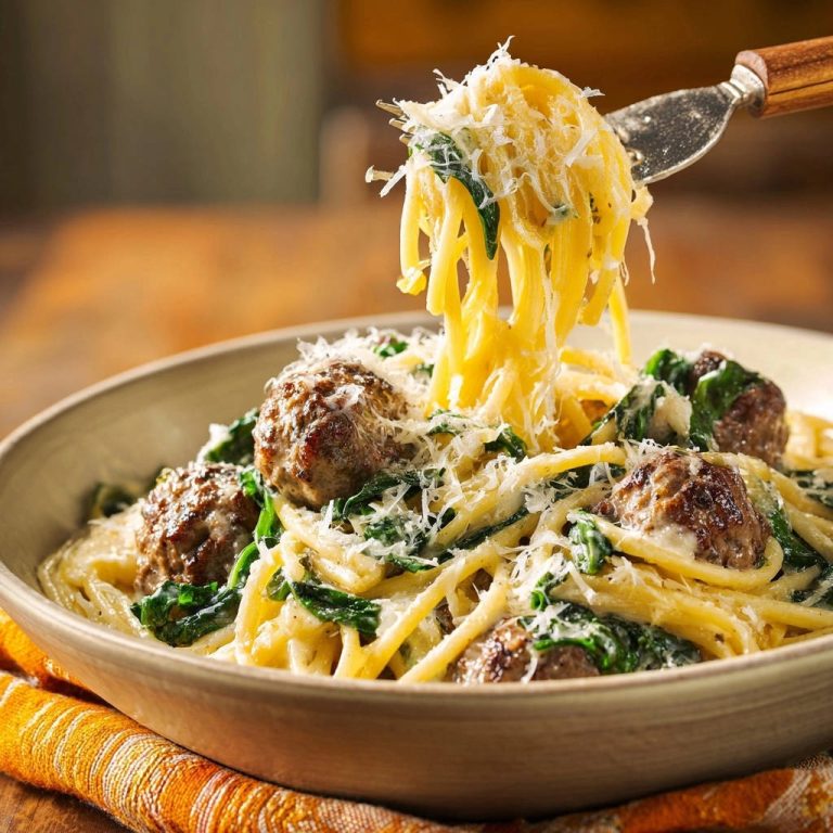 Cremige Spaghetti mit herzhaften Fleischbällchen und frischem Spinat werden von einer Gabel gehoben, um die cremige Sauce und den Parmesan zu zeigen.