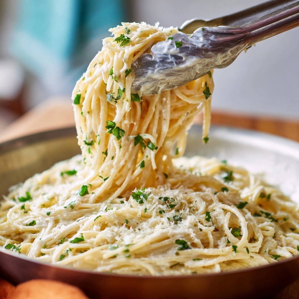 Cremige Spaghetti mit Parmesan und Petersilie werden mit einer Küchenzange aus der Schüssel gehoben, die mit frischer Petersilie garniert sind.
