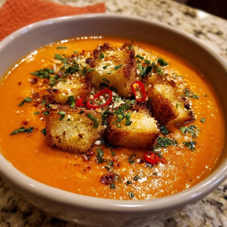 Cremige Tomatensuppe mit Knuspercroutons, serviert in einer Schüssel. Die Suppe ist mit knusprigen Croutons, frischen Kräutern und Chili garniert.