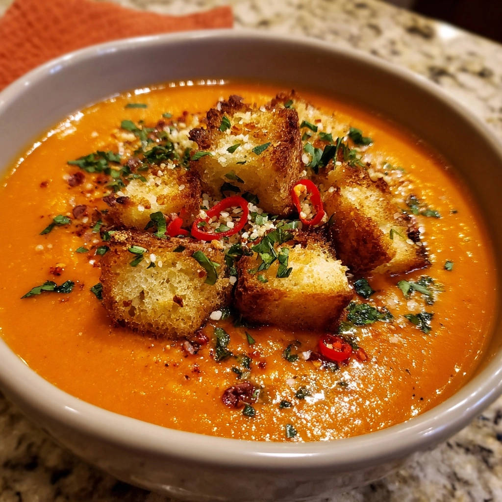 Cremige Tomatensuppe mit Knuspercroutons, serviert in einer Schüssel. Die Suppe ist mit knusprigen Croutons, frischen Kräutern und Chili garniert.