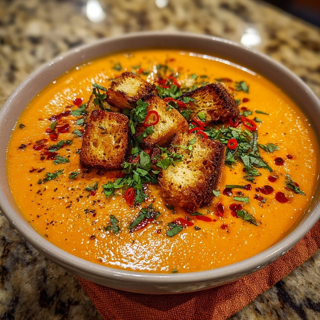 Cremige Tomatensuppe Mit Knuspercroutons Draufsicht Serviert 1 Cremige Tomatensuppe mit Knuspercroutons, serviert in einer Schüssel, garniert mit Croutons und frischen Kräutern, draufsicht.