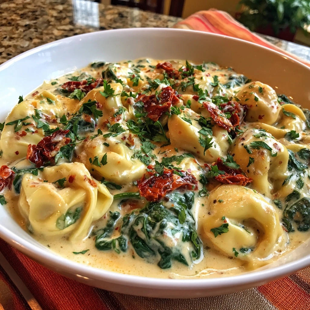 Cremige Tortellini mit Spinat und getrockneten Tomaten in Nahaufnahme, garniert mit frischer Petersilie und sonnengetrockneten Tomaten.