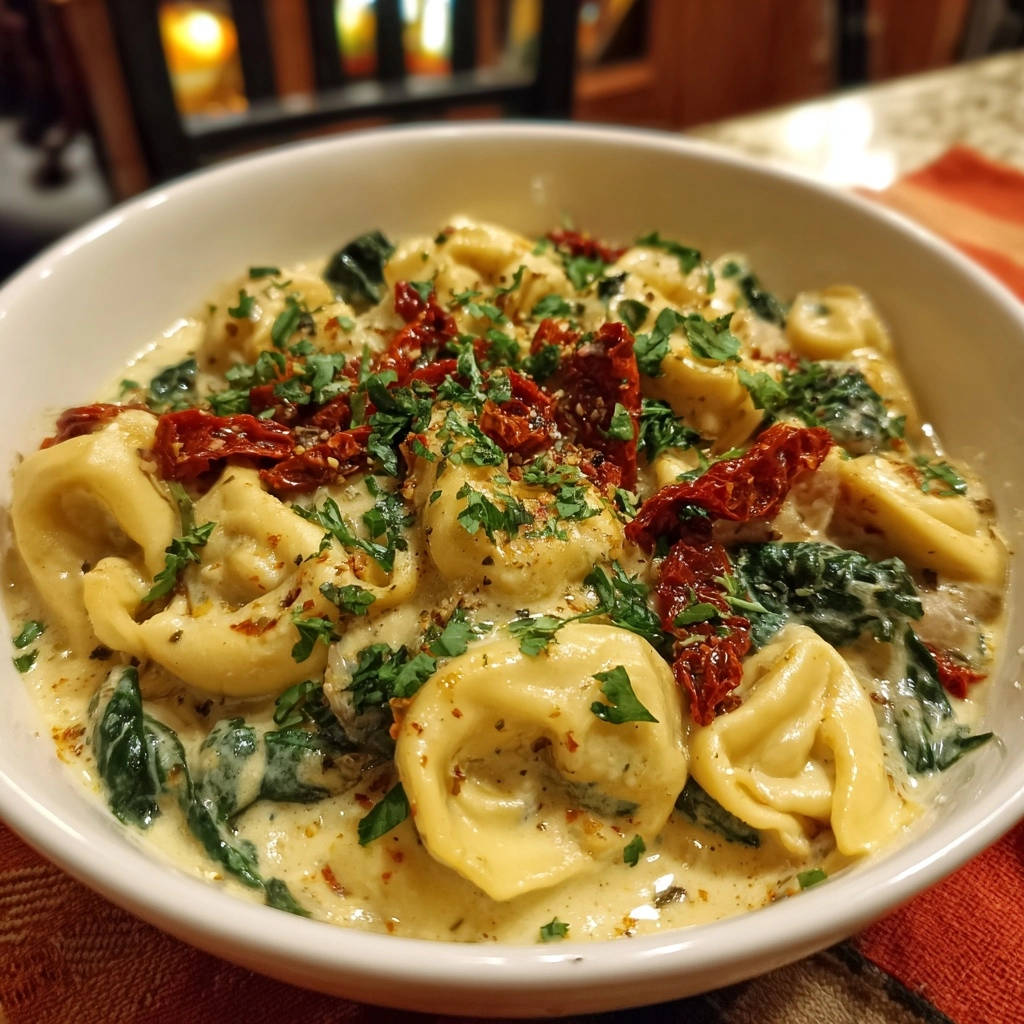 Cremige Tortellini mit Spinat und getrockneten Tomaten in Nahaufnahme, garniert mit frischer Petersilie und sonnengetrockneten Tomaten.