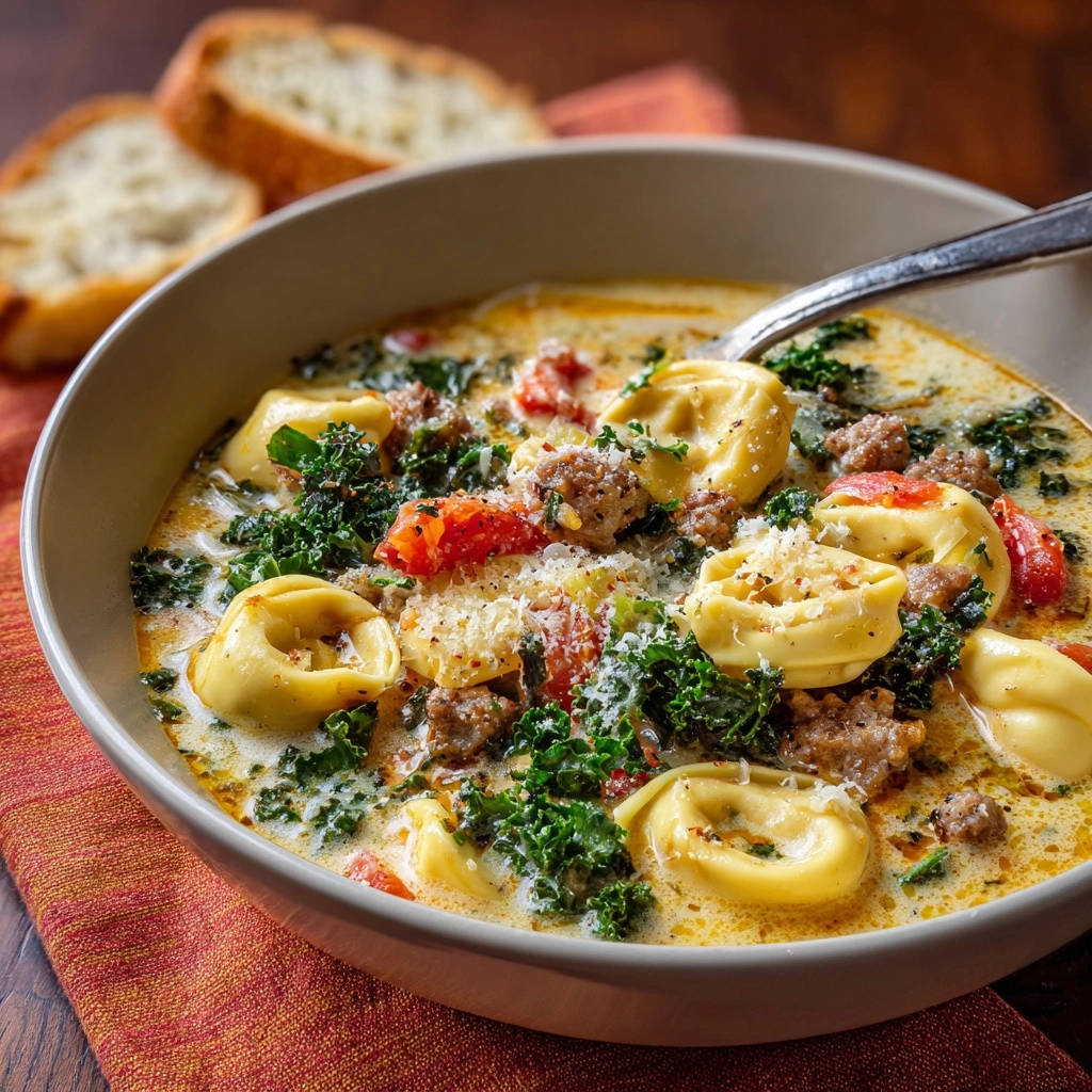 Cremige Tortellini-Suppe mit Wurst & Grünkohl in einer Schüssel serviert, garniert mit Käse und frischem Grünkohl. Ein herzhaftes, cremiges Gericht.