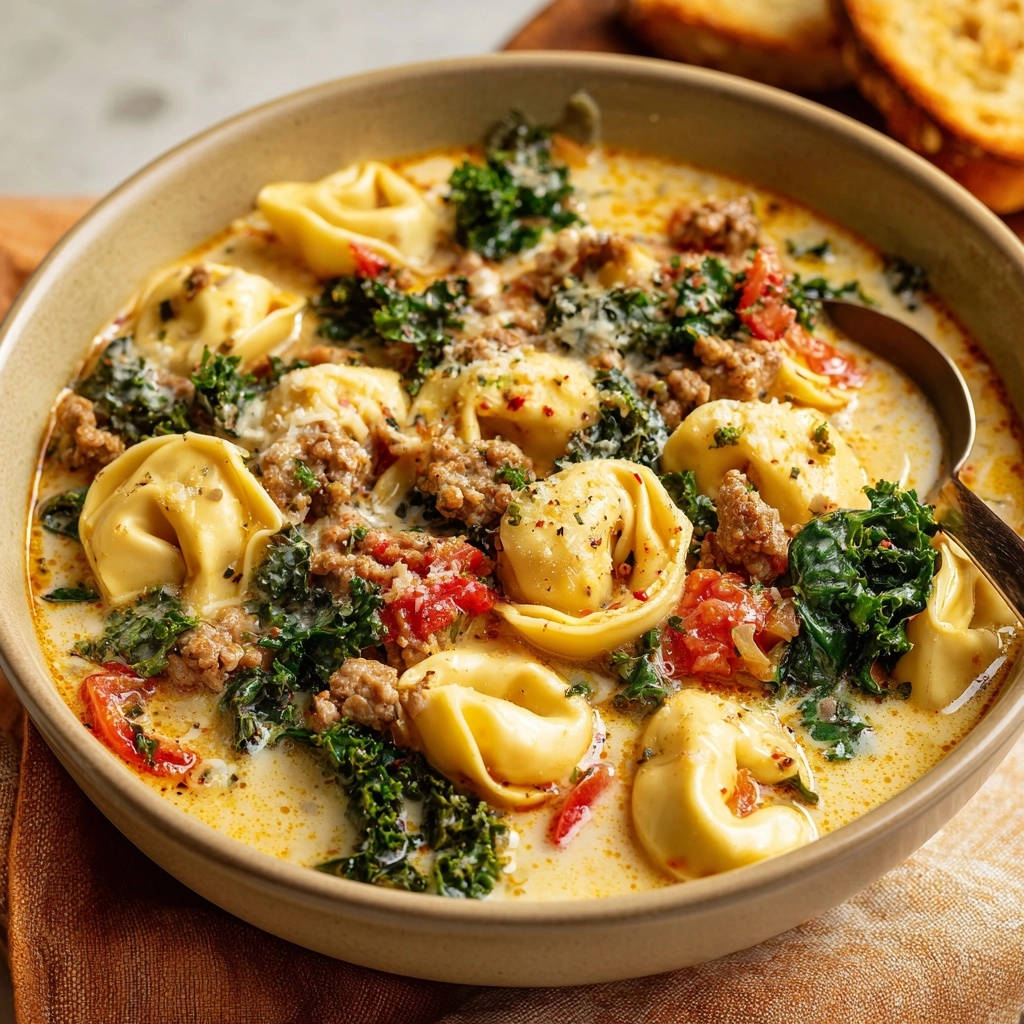 Cremige Tortellini-Suppe mit Wurst & Grünkohl in einer Schüssel, serviert mit einem Löffel, von oben betrachtet. Köstliche Tortellini-Suppe mit frischem Grünkohl.