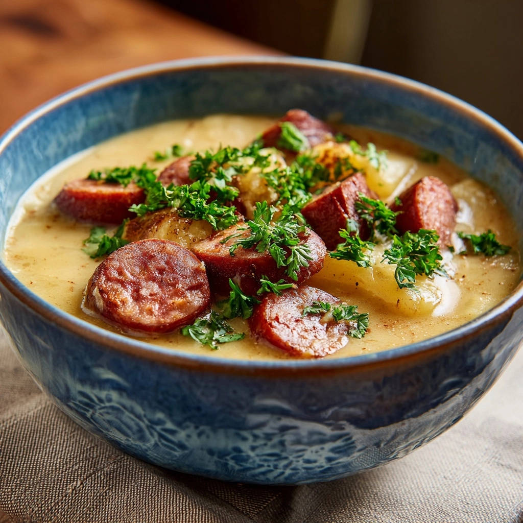 Cremige Wurst Kartoffel Suppe Nahaufnahme 1 Cremige Wurst-Kartoffel-Suppe in einer blauen Schüssel, Nahaufnahme der Kartoffelstücke und Wurstscheiben, garniert mit frischer Petersilie.