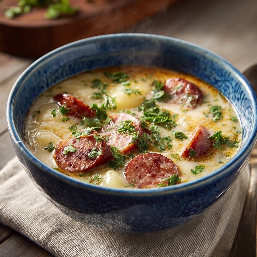 Cremige Wurst-Kartoffel-Suppe in einer blauen Schüssel serviert, mit frischer Petersilie garniert. Der dampfende Eintopf zeigt Wurstscheiben und Kartoffelstücke.