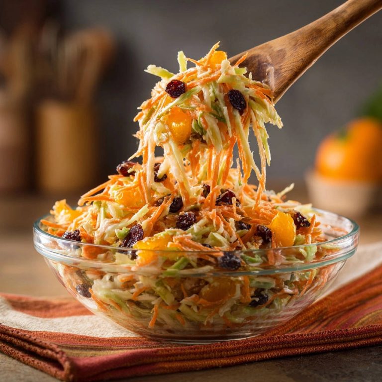 Cremiger Brokkoli-Karotten-Salat wird in einer Glasschüssel serviert, mit Mandarinen-Stücken und Cranberries garniert. Ein Löffel hebt den Salat hervor.