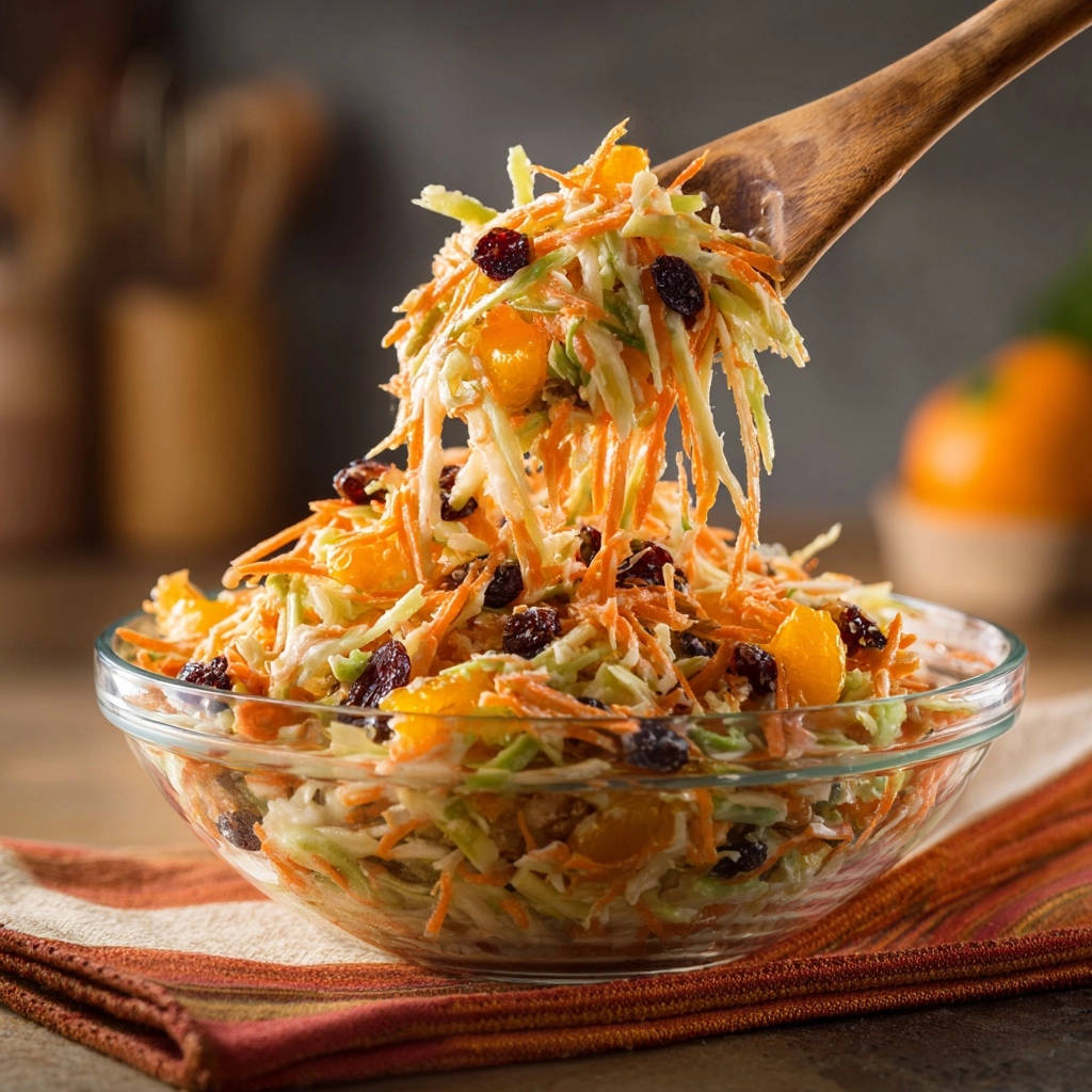 Cremiger Brokkoli-Karotten-Salat wird in einer Glasschüssel serviert, mit Mandarinen-Stücken und Cranberries garniert. Ein Löffel hebt den Salat hervor.