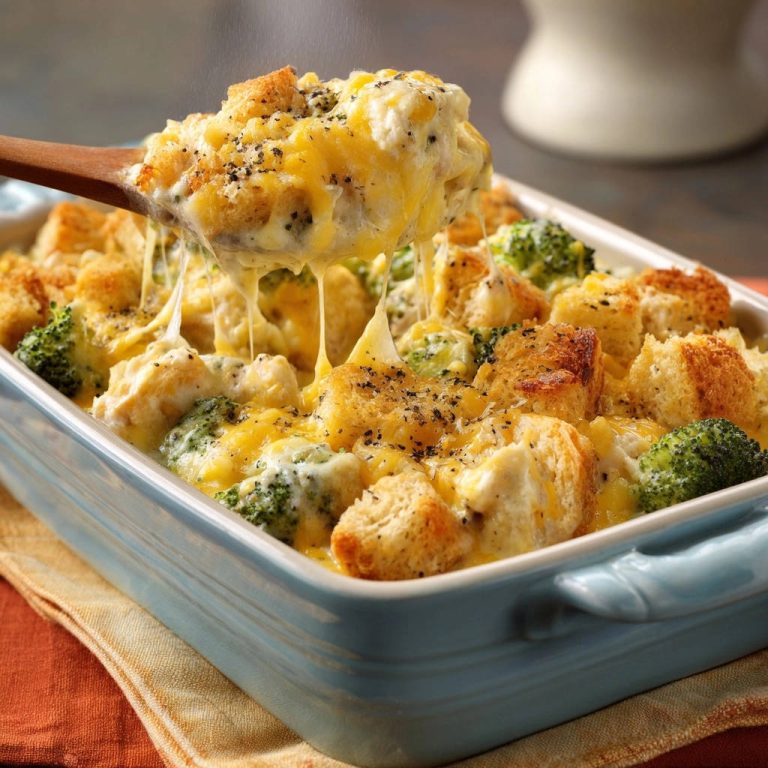 Cremiger Hähnchen-Brokkoli-Gratin, serviert mit einem Löffel, der eine Nahaufnahme des geschmolzenen Käses und des knusprigen Toppings zeigt.