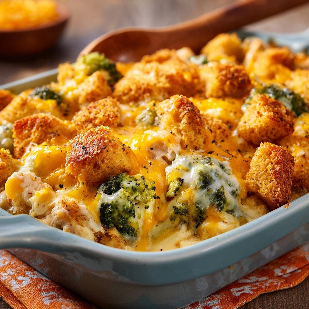Cremiger Hahnchen Brokkoli Gratin Nahaufnahme 1 Cremiger Hähnchen-Brokkoli-Gratin in Nahaufnahme, mit knusprigem Topping und geschmolzenem Käse, serviert in einer Auflaufform.