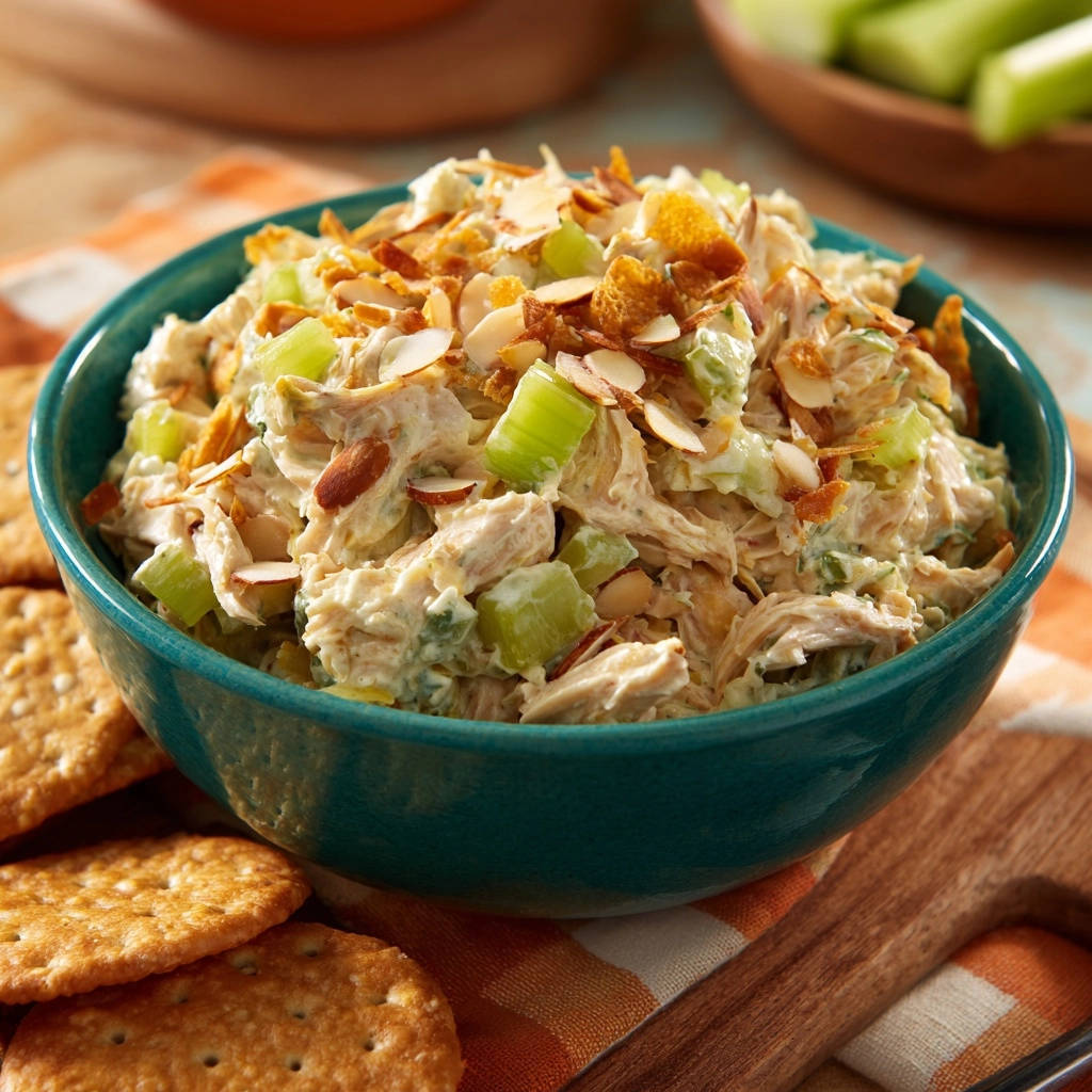 Cremiger Hähnchensalat in einer türkisfarbenen Schüssel serviert, garniert mit Mandelsplittern und Selleriestückchen. Ein köstliches Mittagessen.