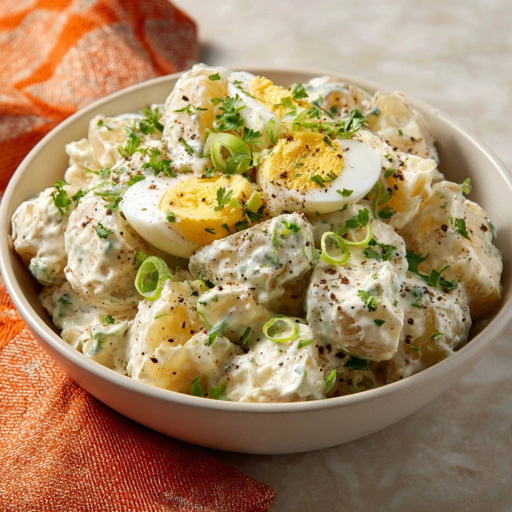Cremiger Kartoffelsalat Klassik serviert in einer Schüssel, garniert mit frischer Petersilie und Eiern, von oben fotografiert.