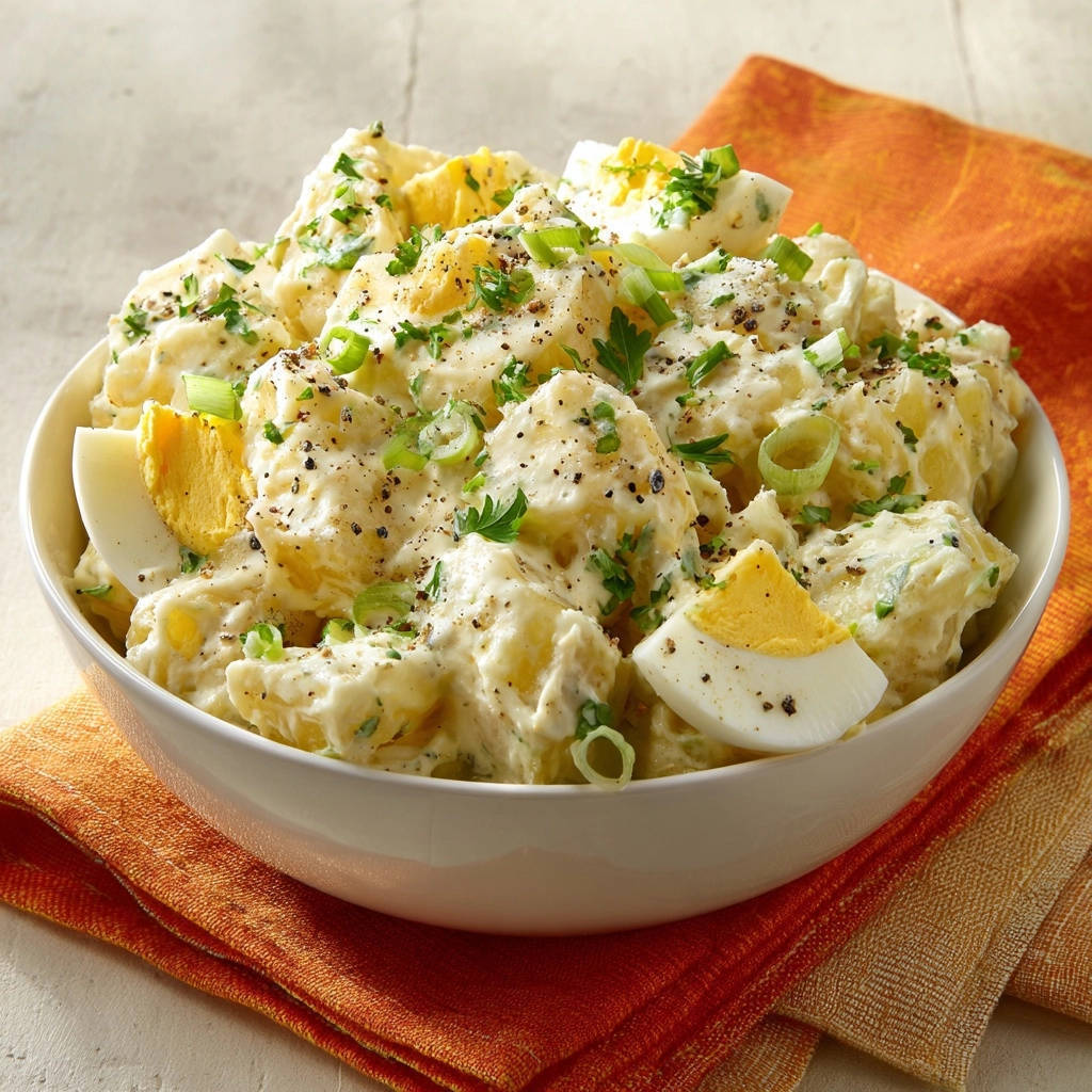 Cremiger Kartoffelsalat Klassik in einer Schüssel serviert, garniert mit frischen Kräutern und hartgekochten Eiern, ein Genuss für das Auge.