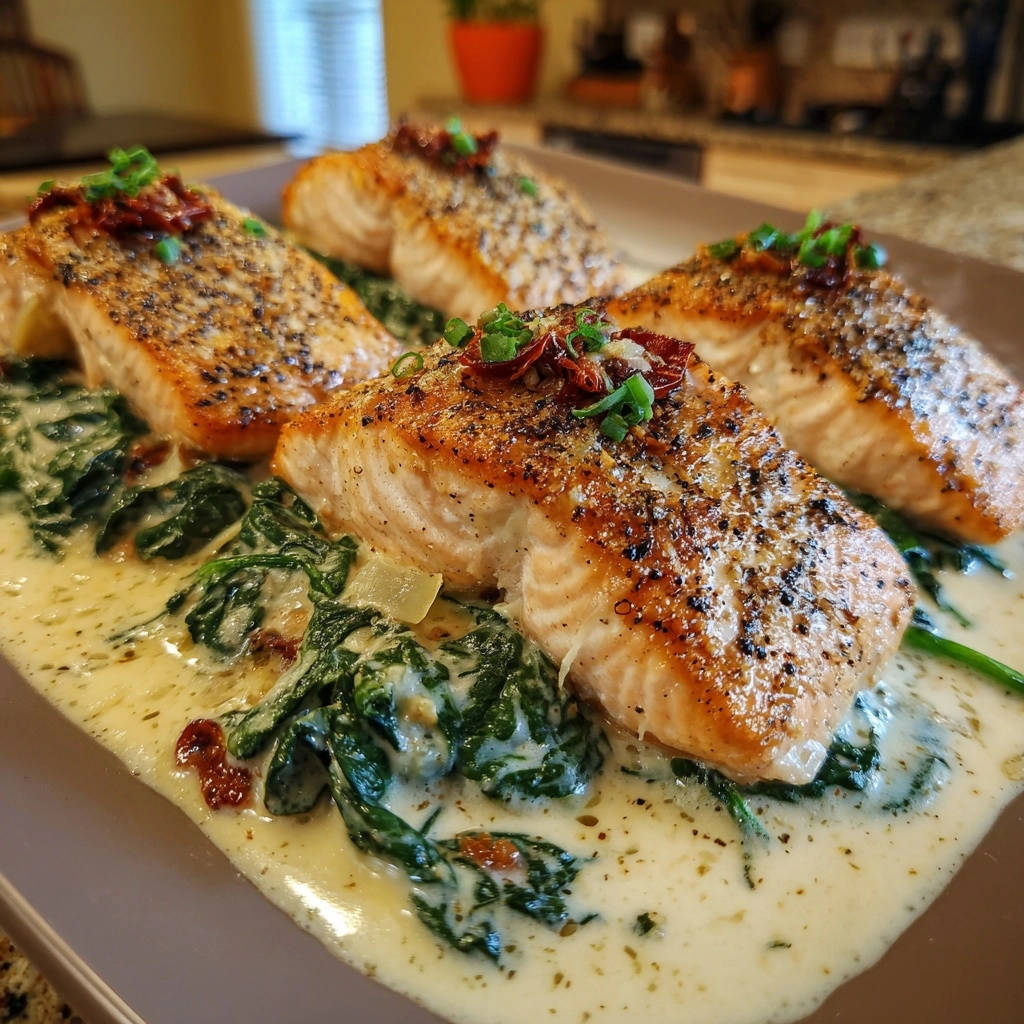 Cremiger Lachs Auf Spinat Mit Sonnengetrockneten Tomaten Ser 1 Cremiger Lachs auf Spinat mit sonnengetrockneten Tomaten, serviert auf einem Teller. Die Lachsfilets sind goldbraun gebraten und mit Kräutern garniert.
