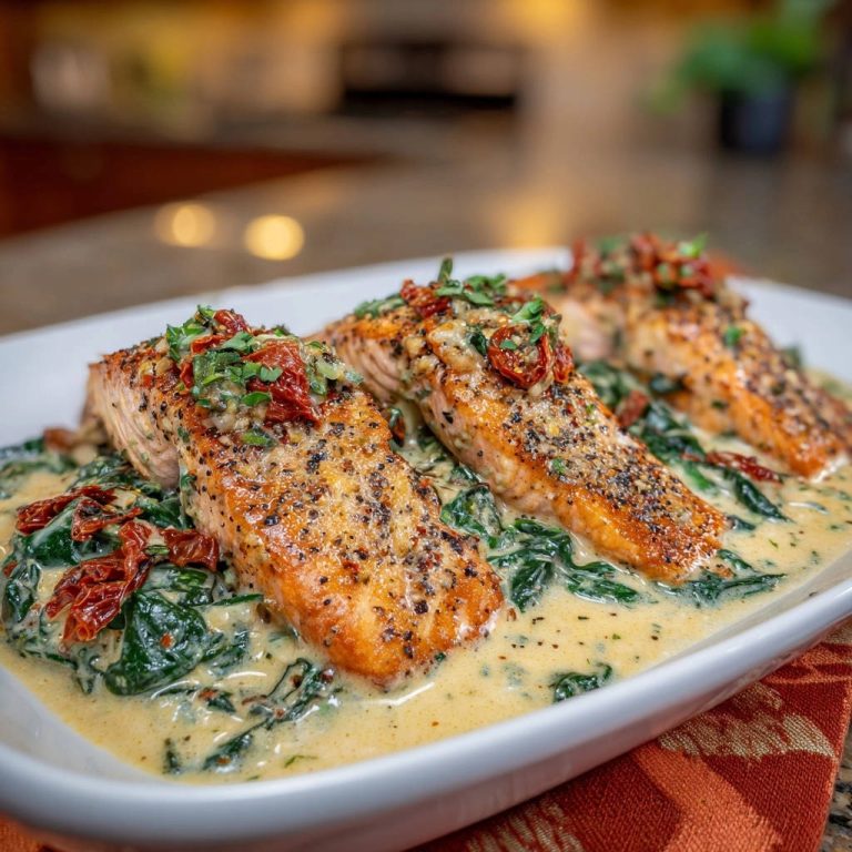 Cremiger Lachs auf Spinat mit sonnengetrockneten Tomaten serviert in einer cremigen Soße, garniert mit frischen Kräutern und Tomaten.