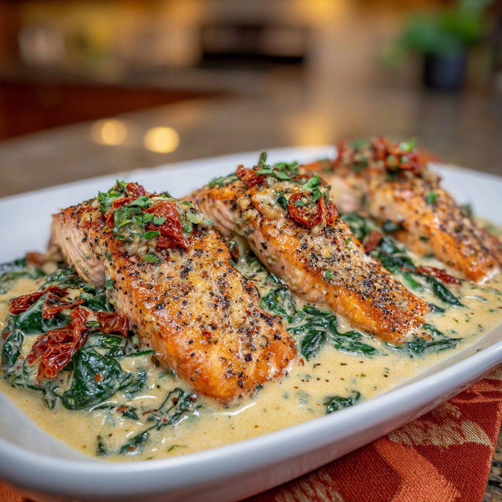 Cremiger Lachs auf Spinat mit sonnengetrockneten Tomaten serviert in einer cremigen Soße, garniert mit frischen Kräutern und Tomaten.