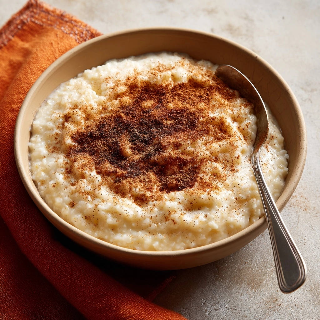 Cremiger Milchreis Nach Omas Art Draufsicht Zimt 1 Cremiger Milchreis nach Omas Art, serviert in einer Schüssel, bedeckt mit Zimt, aus der Draufsicht fotografiert. Ein köstliches Dessert.
