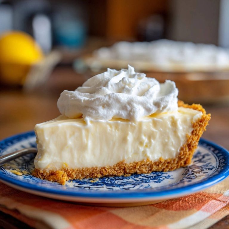 Cremiger Zitronen-Kuchen, serviert auf einem blauen Teller, zeigt einen köstlichen Querschnitt mit cremiger Füllung und knusprigem Boden.