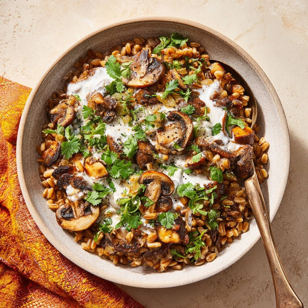 Cremiges Farro mit Pilz-Ragout, serviert in einer Schüssel, von oben betrachtet und mit frischen Kräutern garniert. Ein herzhaftes Gericht.
