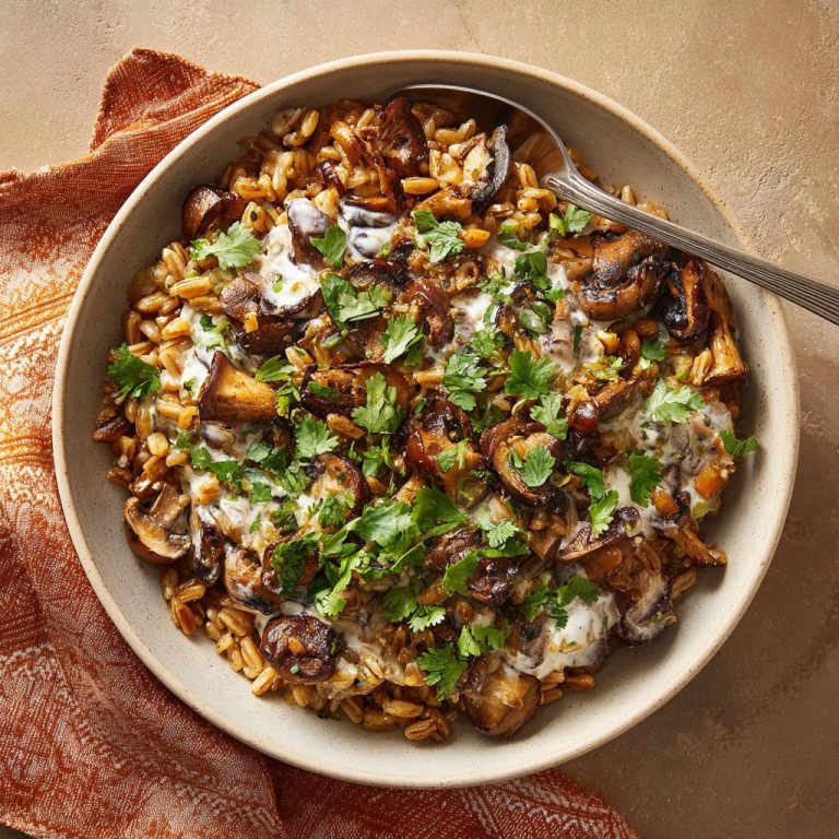 Cremiges Farro mit Pilz-Ragout, serviert in einer Schüssel mit frischen Kräutern, von oben betrachtet, für ein köstliches Gericht.