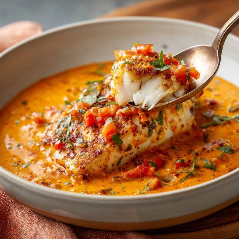 Cremiges Fischfilet in Tomaten-Kräuter-Soße wird mit einem Löffel serviert, wodurch die zarte Textur des Fischs und die cremige Soße sichtbar werden.