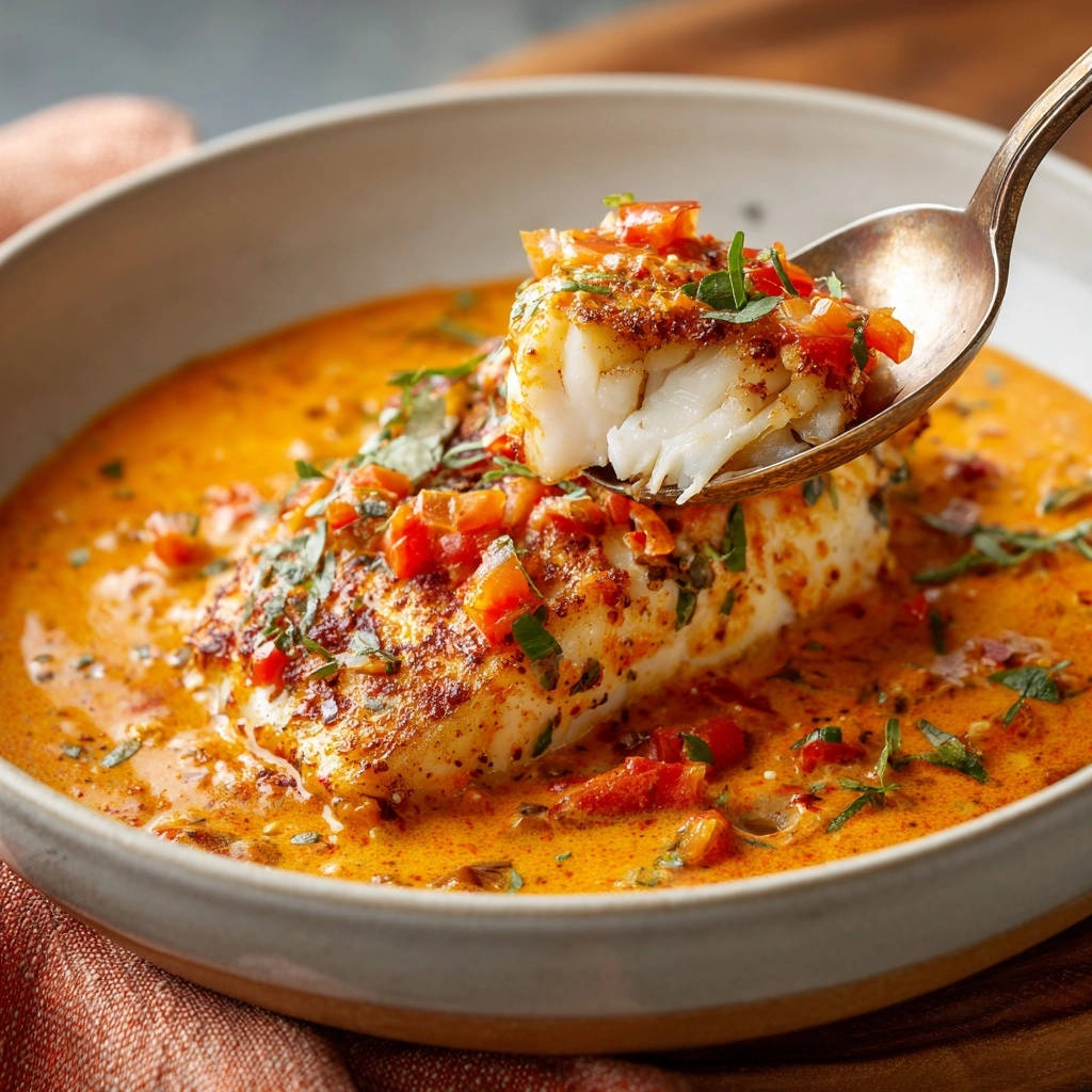 Cremiges Fischfilet in Tomaten-Kräuter-Soße wird mit einem Löffel serviert, wodurch die zarte Textur des Fischs und die cremige Soße sichtbar werden.