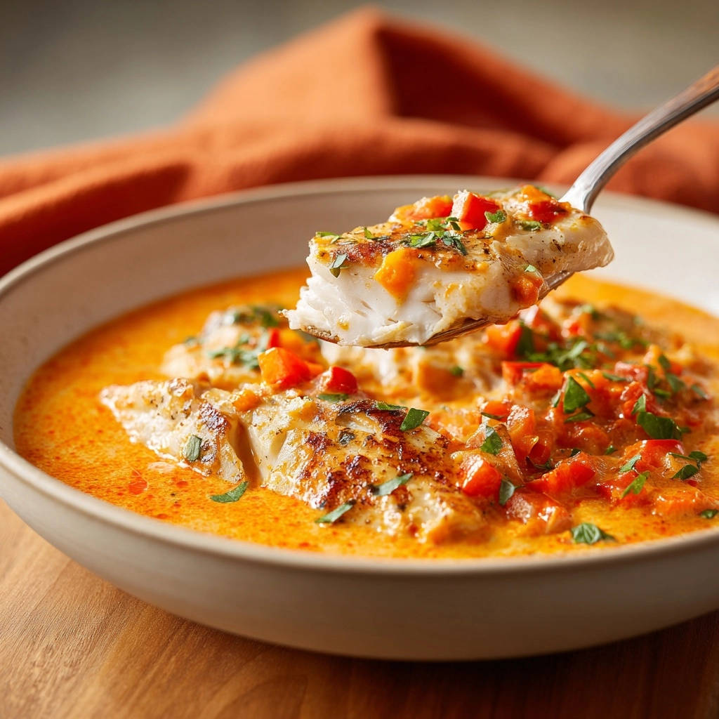 Cremiges Fischfilet Tomaten Kraeuter Sosse Auf Loeffel 1 Cremiges Fischfilet in Tomaten-Kräuter-Soße wird von einem Löffel gehoben, um die saftige Textur zu zeigen.