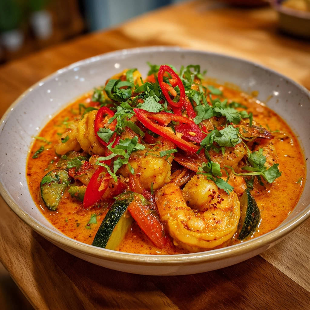 Cremiges Garnelen-Curry mit Zucchini in Nahaufnahme, garniert mit frischen Kräutern und Chili, serviert in einer cremigen Soße.