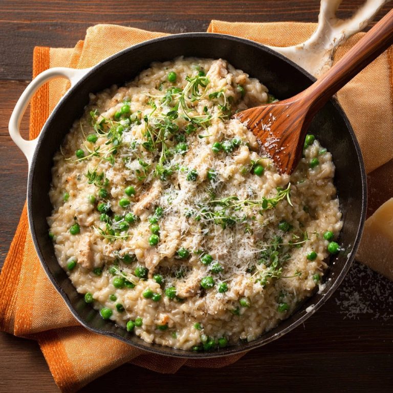 Cremiges Hähnchen-Erbsen-Risotto, serviert in einer Pfanne, garniert mit frischen Kräutern und Parmesan, draufsicht. Das cremige Risotto ist perfekt zubereitet.