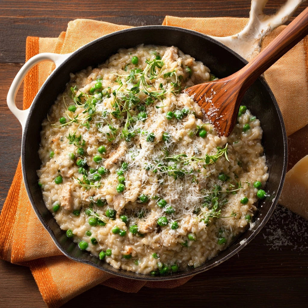 Cremiges Hähnchen-Erbsen-Risotto, serviert in einer Pfanne, garniert mit frischen Kräutern und Parmesan, draufsicht. Das cremige Risotto ist perfekt zubereitet.