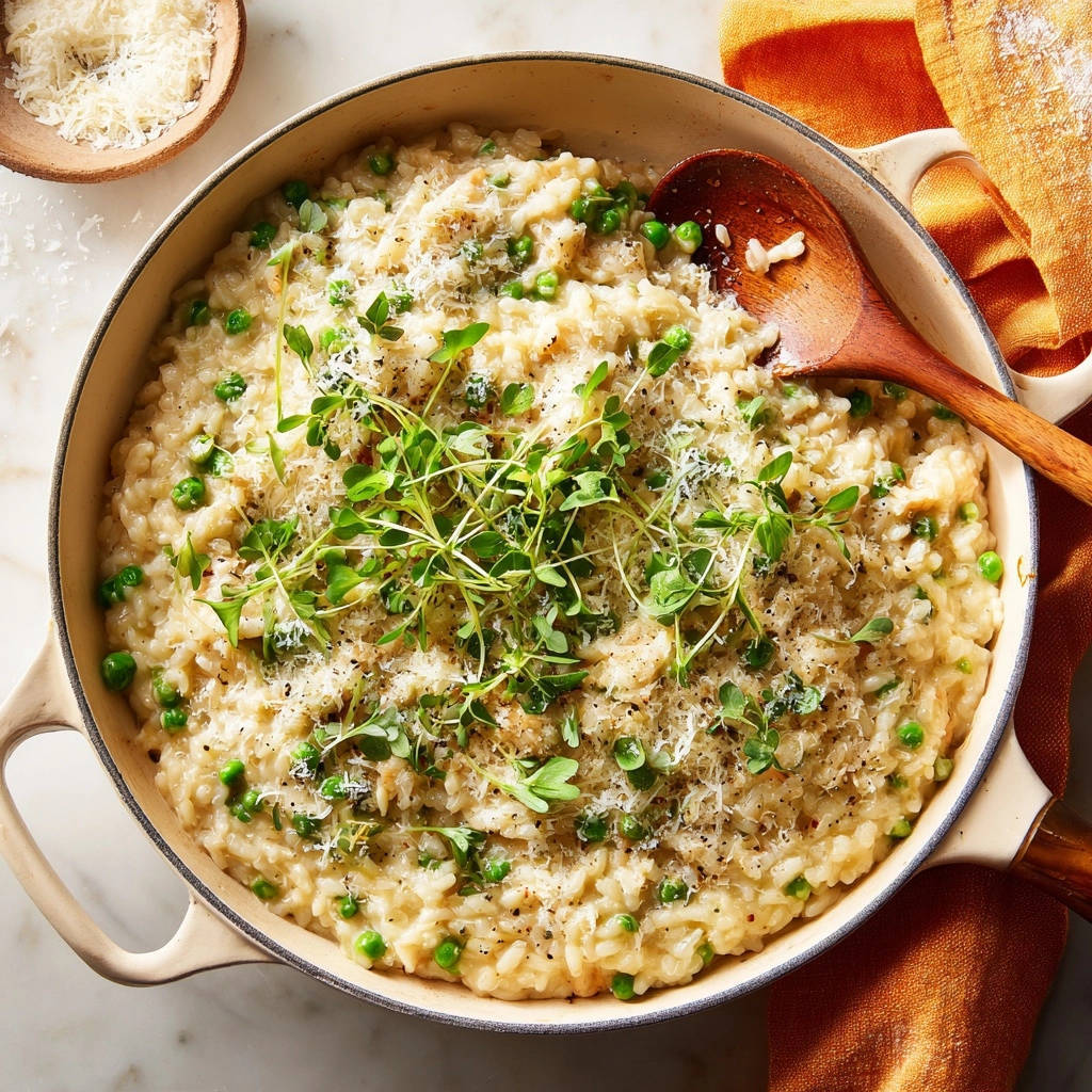 Cremiges Huhn Erbsen Risotto Draufsicht Serviert 1 Cremiges Hähnchen-Erbsen-Risotto in einer Pfanne serviert, garniert mit frischen Kräutern und geriebenem Käse. Ein köstliches Gericht mit cremigem Reis und Erbsen.